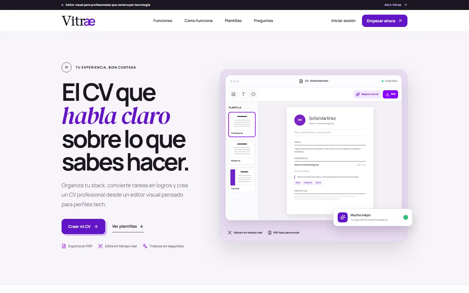 Página principal de Vitrae, editor visual de currículums para profesionales de tecnología